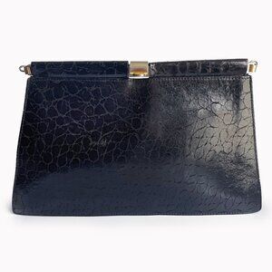 Furla Clutch Bag Black Croc Embossed  Leather Hinged Vintage 70s